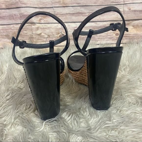 Stuart Weitzman | Natural Straw Espadrille Patent Leather Wedge Platform Sandals - Picture 8 of 11